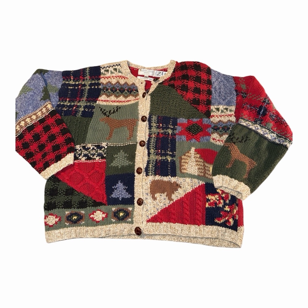 Vintage 1990s Robert Scott Cardigan Women's Med Petite Cabin Bear Deer Hand Knit